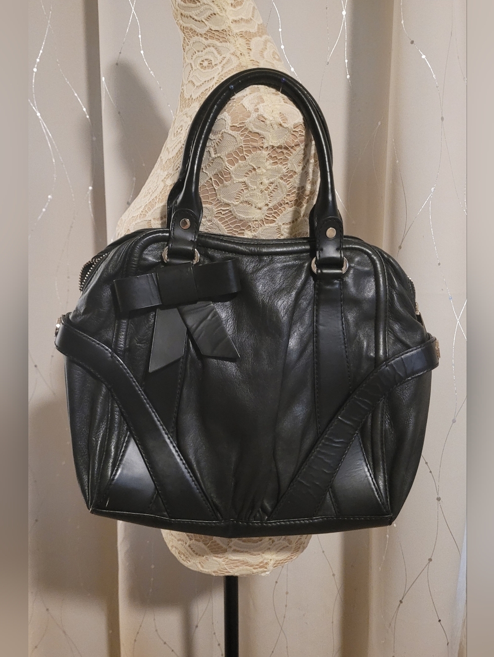 ​Botkier Black Leather Bow Accent Satchel Top Handle Bag Size OS